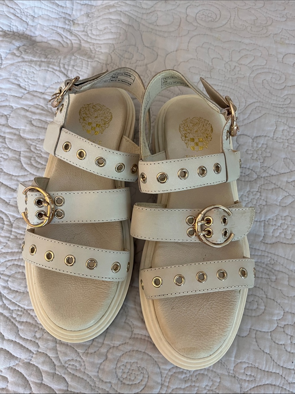 Vince Camuto Cream Leather Grommet Buckle Sandals